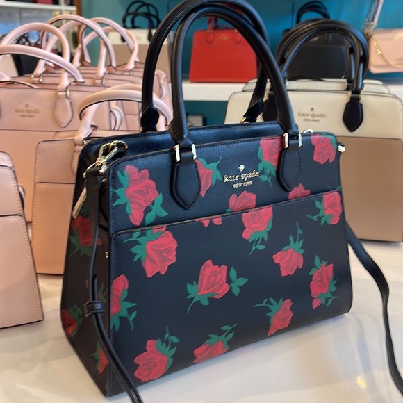 Kate Spade Madison Safiano Leather Medium Rose Toss Print Satchel Handbag Black - Picture 14 of 16